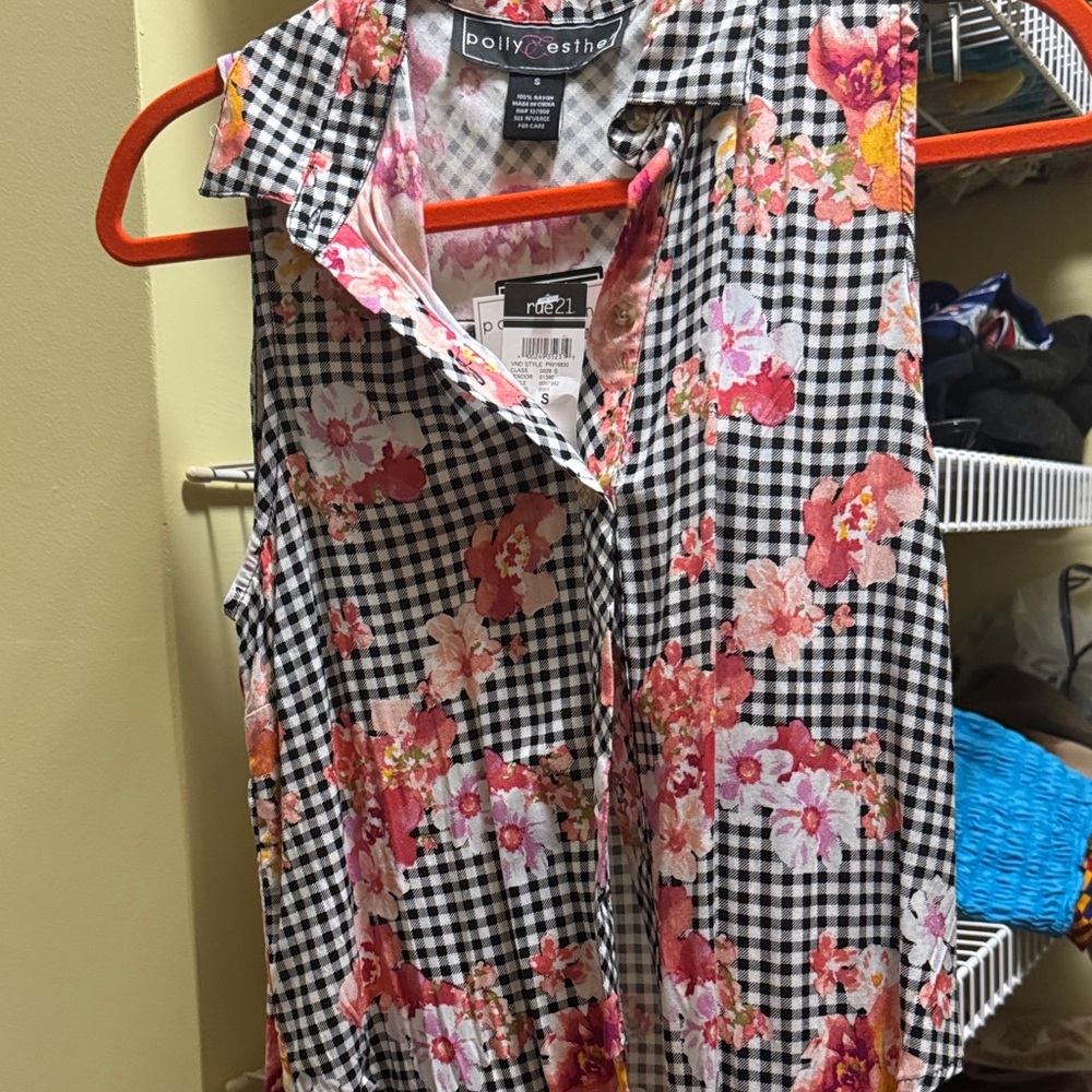 Polly & Esther Black Gingham Tunic with Pink Floral Print